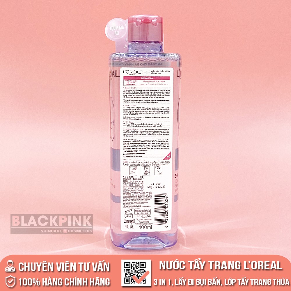 Nước tẩy trang Loreal 400ml - L'Oreal Paris 3-in-1 Micellar Water, nhẹ nhàng tẩy sạch cặn trang điểm | BigBuy360 - bigbuy360.vn