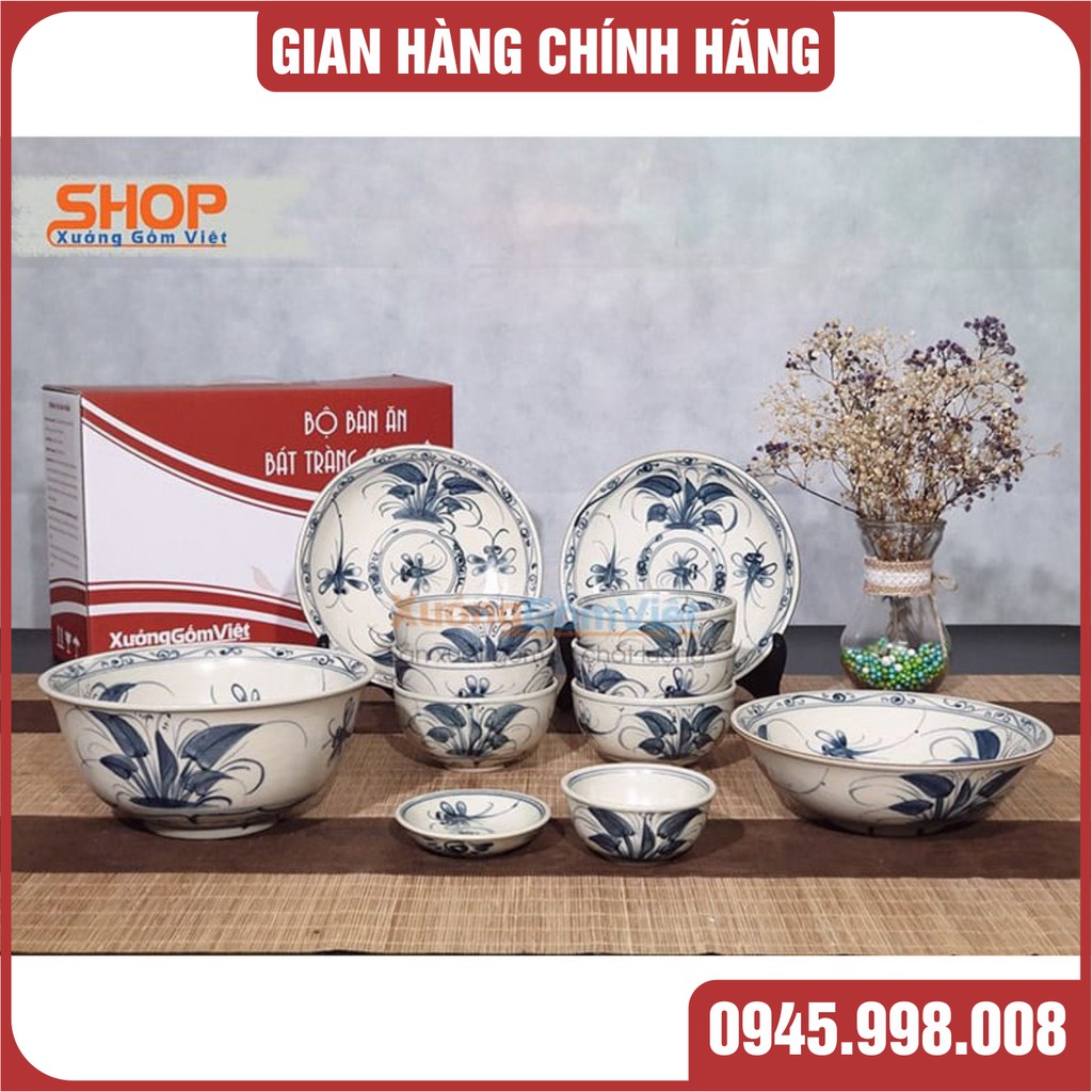 Bộ bát đĩa vẽ chuồn khoai cổ truyền combo 12 món bày trí bàn ăn gia đình đẹp mắt-sang trọng, hàng cao cấp Bát Tràng- XGV