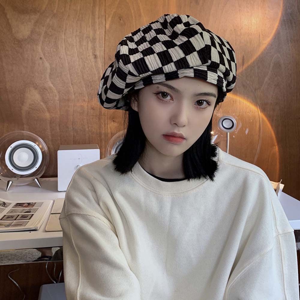 Mũ Beret Vải Nhung Kẻ Sọc Caro Phong Cách Hàn Quốc Cổ Điển Thời Trang Cho Nữ