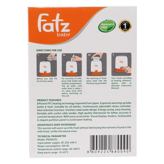 BH 1 Đổi 1 Trong 12 Tháng - Máy Hâm Nóng Sữa Và Thức Ăn 4 Chức Năng Fatzbaby FB3002SL