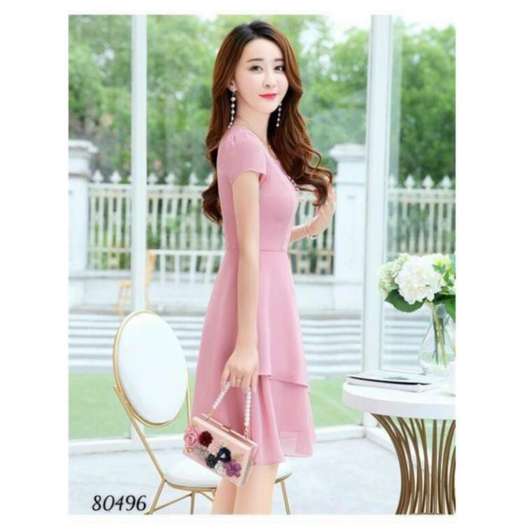 < size M, L, XL > Đầm nữ dáng xòe Chất chiffon 2 lớp cao cấp, thiết kế chuẩn dáng, kết hoa vải gắn ngọc | BigBuy360 - bigbuy360.vn