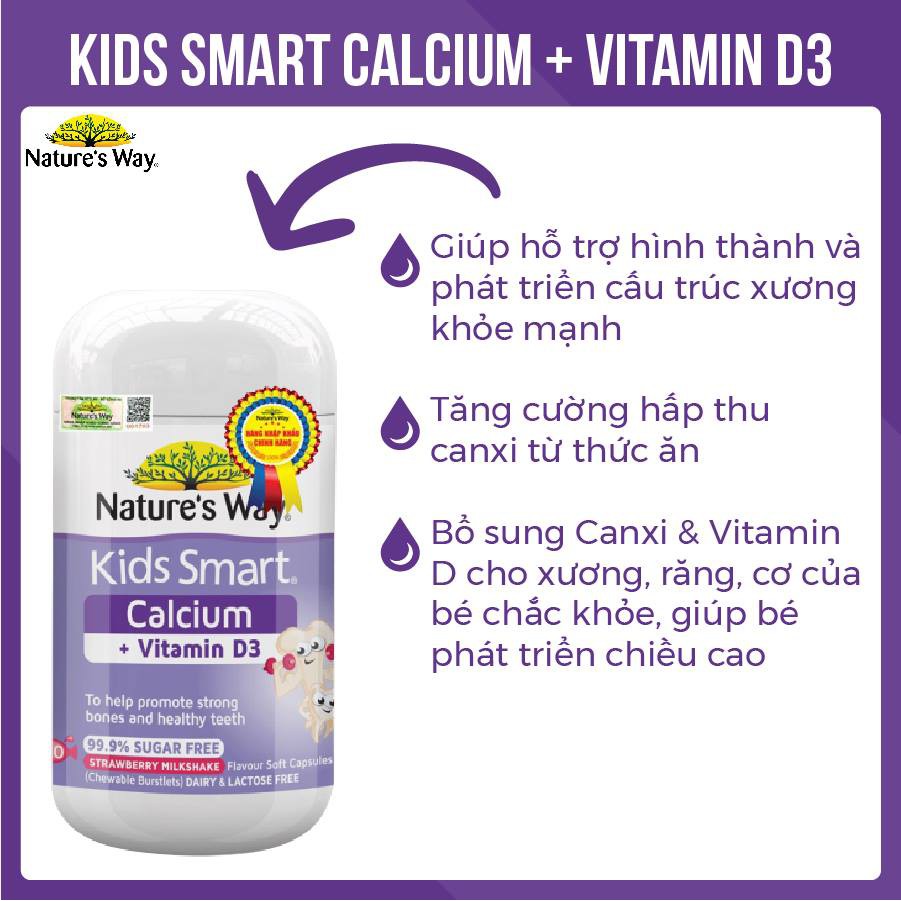 Viên Nhai Cho Bé Nature’s Way Kids Smart Calcium + Vitamin D3 Burstlets Bổ Sung Canxi Giúp Bé Phát Triển Chiều Cao 50V