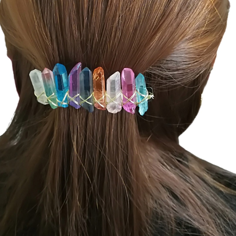 Kẹp Tóc Dạng Lò Xo Bằng Đá Thạch Anh Màu Cầu Vồng Phong Cách Pháp Cổ Điển