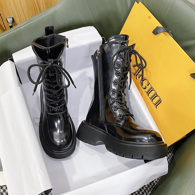 Giày Boot ulzzang bốt nữ cao cổ buộc dây kéo khóa đế cao 6cm màu đen/kem