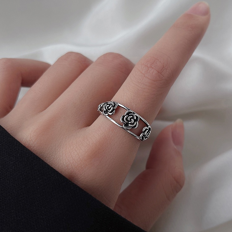 Nhẫn Hở Mạ Bạc 925 Hình Hoa Hồng Đính Đá Phong Cách Vintage