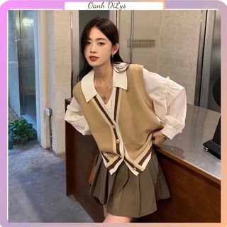Áo gile, Áo gile len nữ màu nâu cài khuy viền sọc năng động ulzzang Hàn Quốc 2021 order Taobao