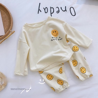 Set Áo Thun Tay Dài & Quần Dài In Hình Mặt Cười Dễ Thương Cho Trẻ Em