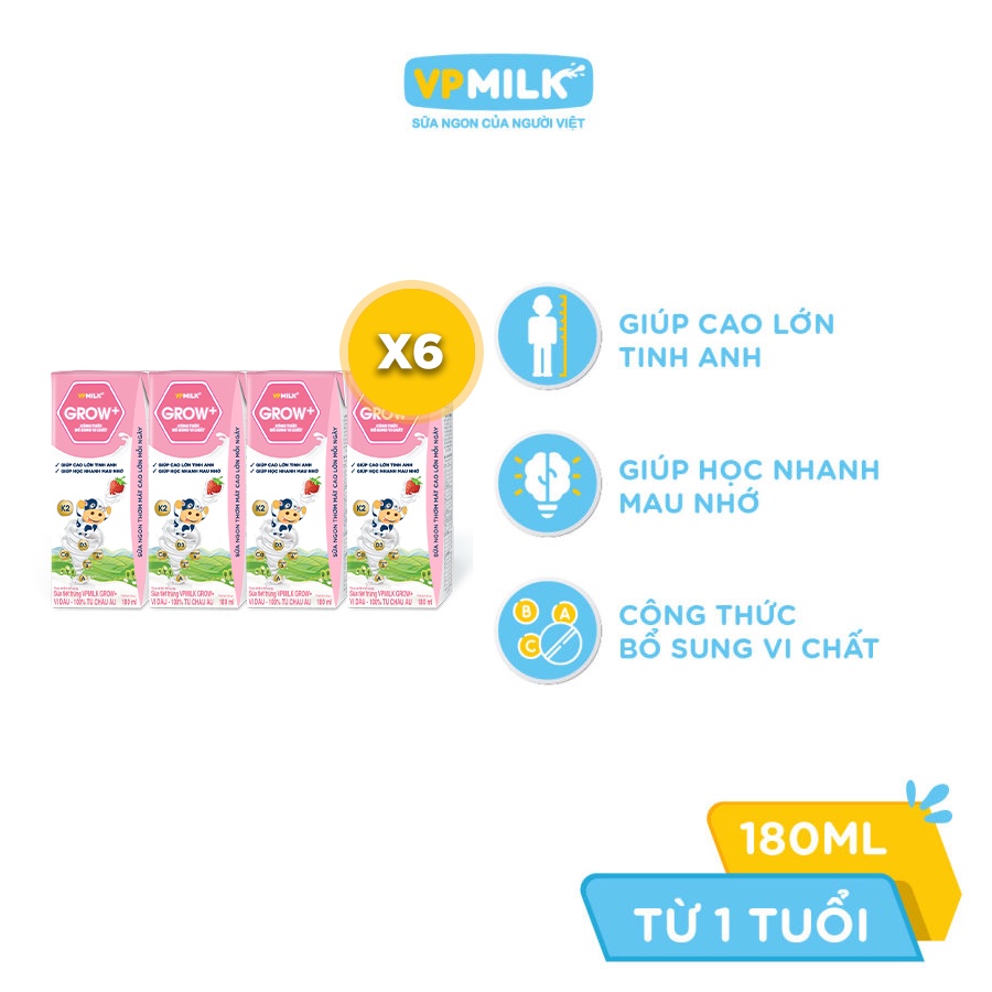 [Combo 6 lốc] sữa tiệt trùng VPMilk Grow+ vị dâu 180ml (lốc 4 hộp x 6)