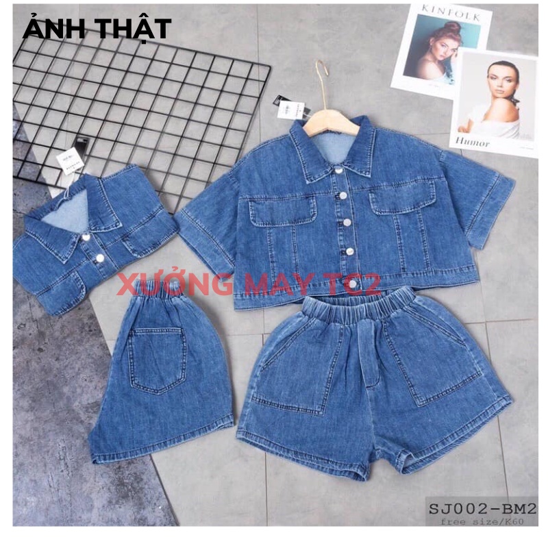 Áo croptop bò kèm quần - sơ mi bò tay ngắn tay về 2 màu ulzzang hàn quốc XƯỞNGMAYTC2