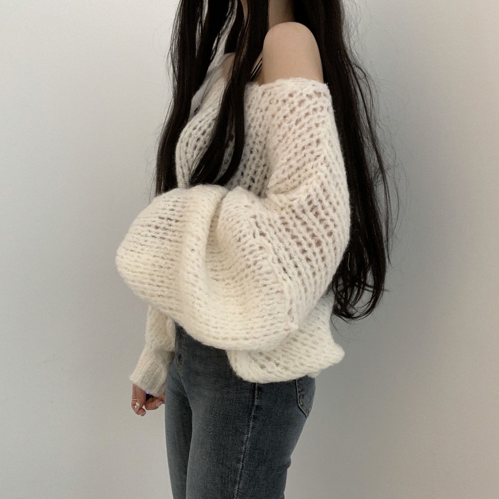 Áo sweater dệt kim tay phồng dáng rộng màu sắc ngọt ngào phong cách Hàn Quốc xinh xắn cho nữ