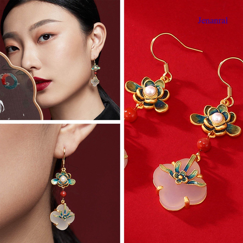 Khuyên tai tráng men trắng họa tiết hoa mộc lan phong cách Trung Hoa cổ điển sang trọng cho nữ