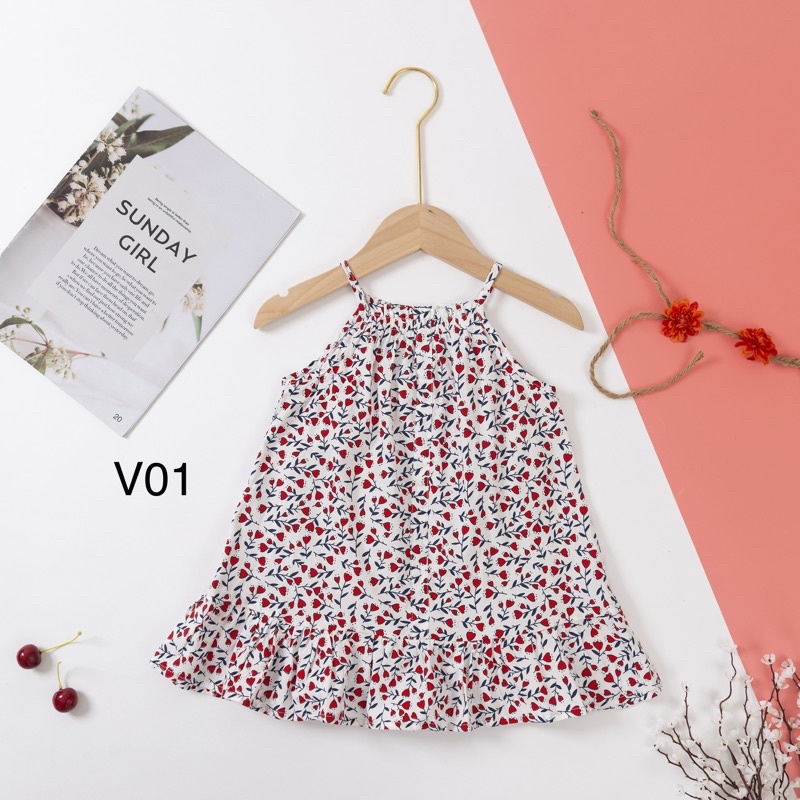 Váy cho bé gái, váy hai dây hoa nhí chất thô cotton size 9 - 26kg V01 - Cherry Baby