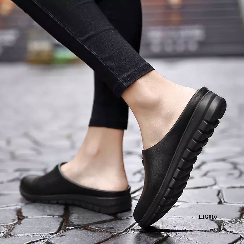 [Ảnh thật] Sục da nữ - giày lười hở gót phong cách Hàn Quốc, siêu êm, chống trơn trượt cho phụ nữ trung niên LIG010