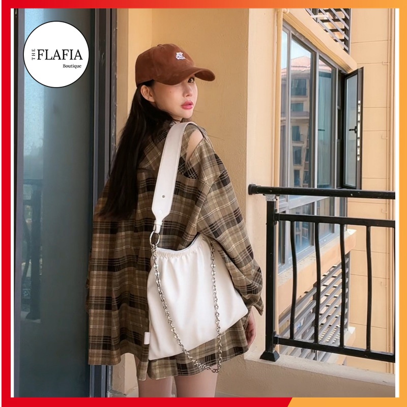 Áo sơ mi nam nữ kẻ caro br túi ngực tay bồng cổ bẻ dáng rộng style hàn quốc
