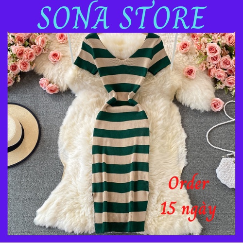 Váy body len dệt kim dáng dài cổ v kẻ đầm ôm nữ sexy gợi cảm sang chảnh tiểu thư bánh bèo cute hàng quảng châu cao cấp