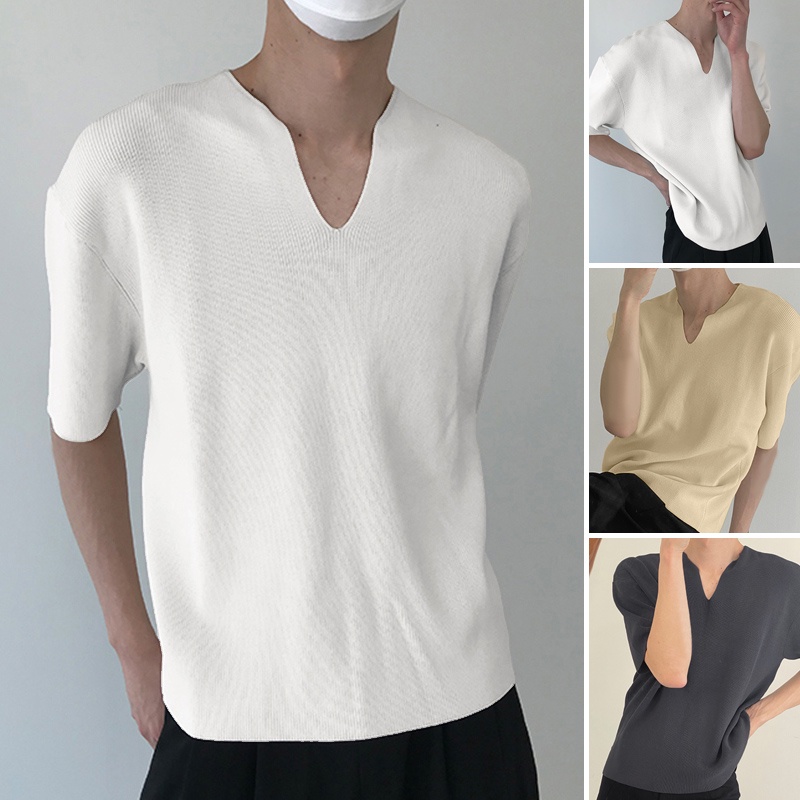 Áo thun INCERUN ngắn tay cổ chữ V màu trơn size S-5XL cho nam