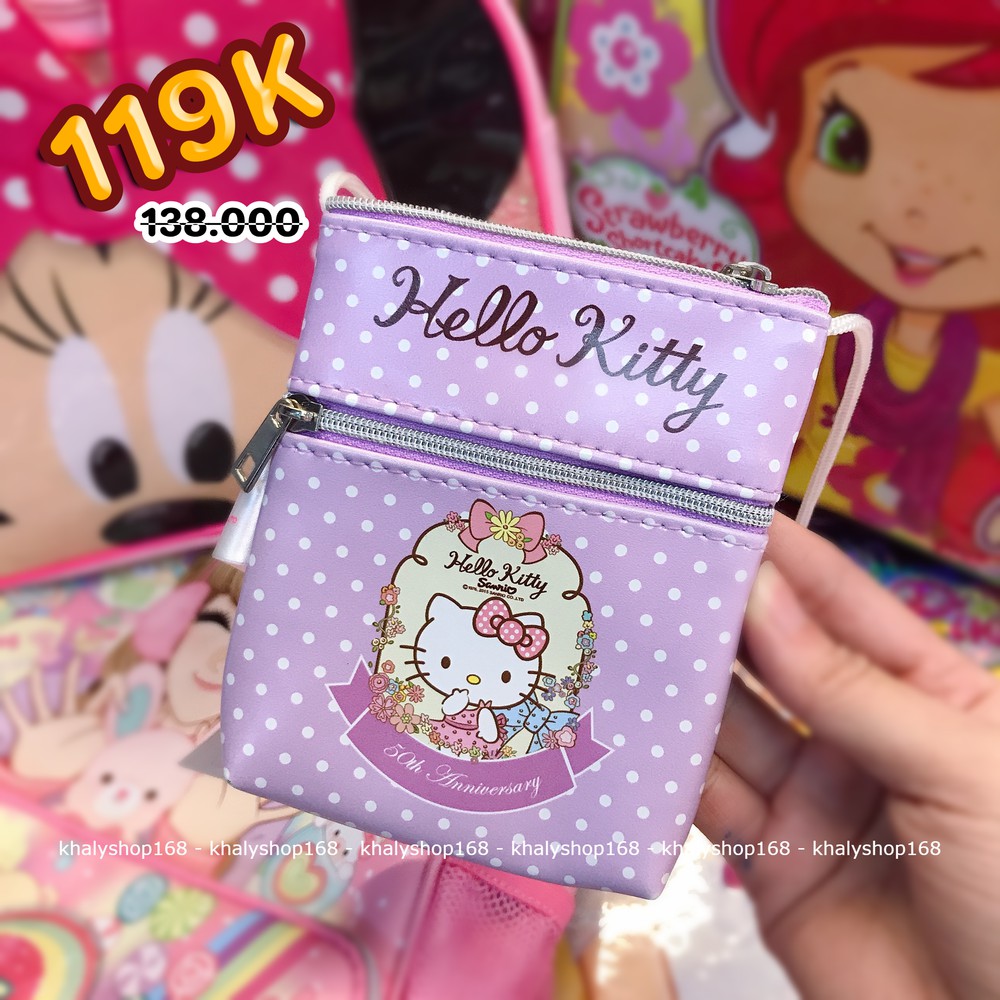 Túi đeo chéo hình mèo Hello Kitty chấm bi 2 ngăn màu tím dành cho bé gái (Thái Lan) - 1403KT0050265 (12x10cm)