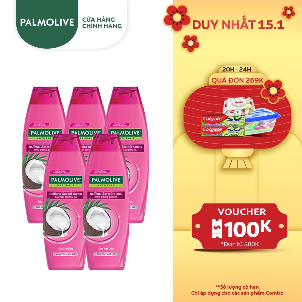 [Mã FMCGCO5 giảm 8% đơn 250K] Bộ 5 Dầu gội có dầu xả Palmolive Dưỡng Ẩm bổ sung từ sữa dừa 180ml/chai