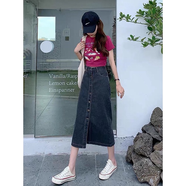 Chân Váy Cạp Cao Dài Qua Gối Xẻ Nổi Bật Phong Cách Ulzzang _a8