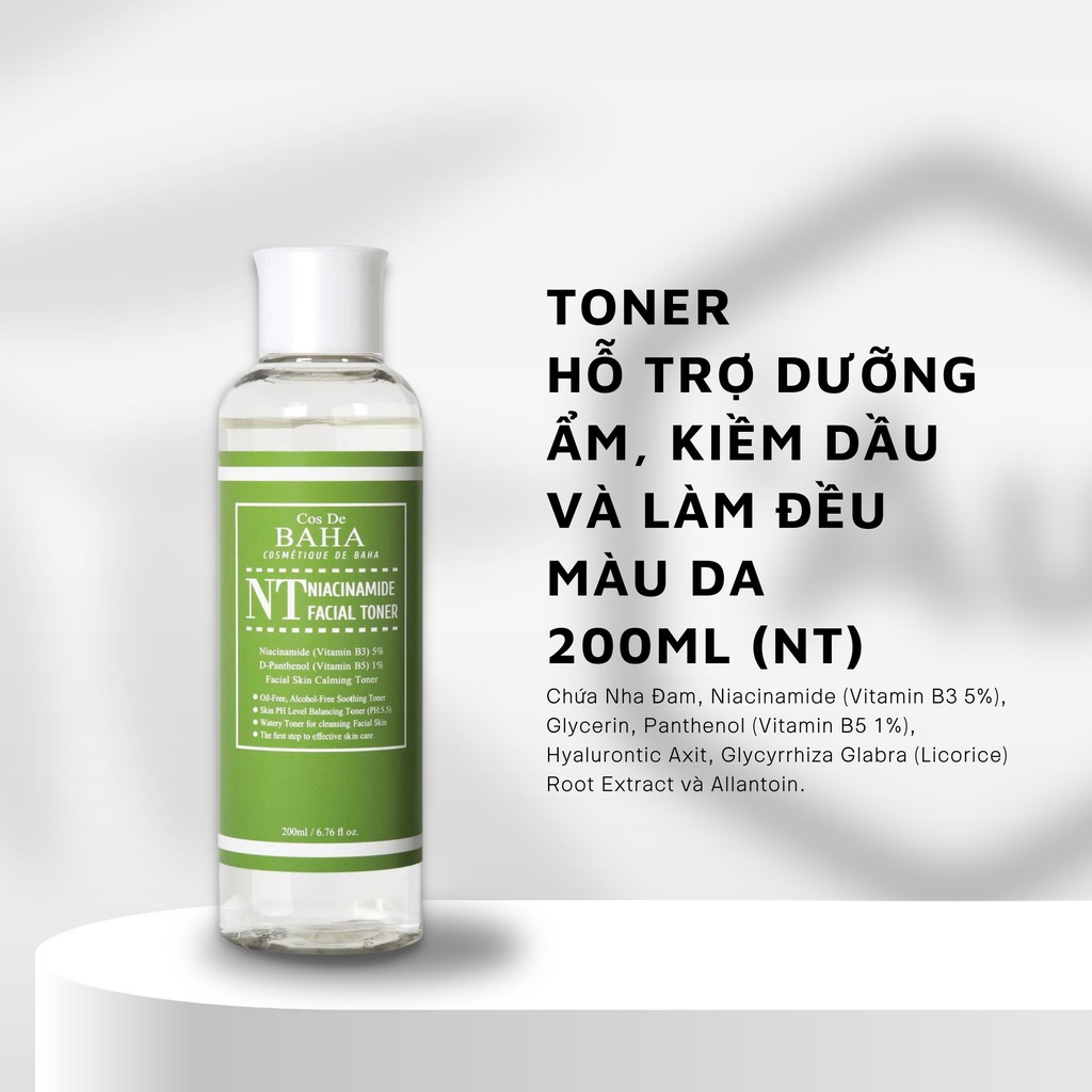 Cos De BAHA | Toner Niacinamide 5% &amp; Panthenol 1% - Hỗ Trợ Phục Hồi, Cân Bằng Dầu Ẩm &amp; Làm Đều Màu Da 200ML (NT)