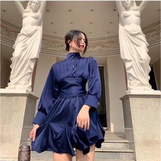 Set áo kiểu cách điệu tay dài hở lưng lụa satin phi bóng kèm chân váy ngắn xoè tầng trơn - Order taobao quảng châu