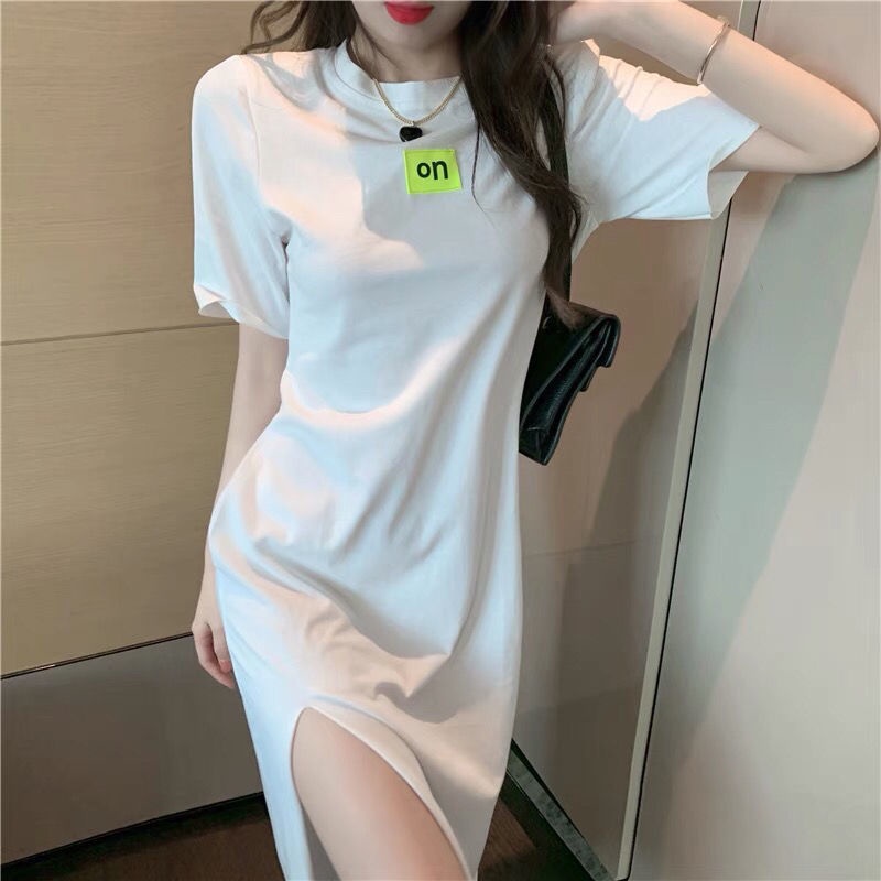 Đầm thun trắng dáng suông xẻ tà thời trang mùa hè phong cách trẻ trung mới cho nữ