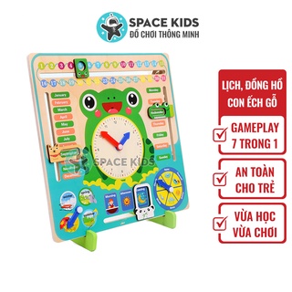Đồ chơi thông minh Bảng lịch, đồng hồ gỗ con ếch Space Kids cho bé học lịch, thời tiết, thời gian bằng Tiếng Anh