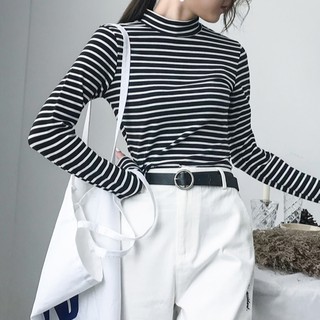 Áo thun tay dài kẻ sọc cổ cao phom croptop ôm body BS05