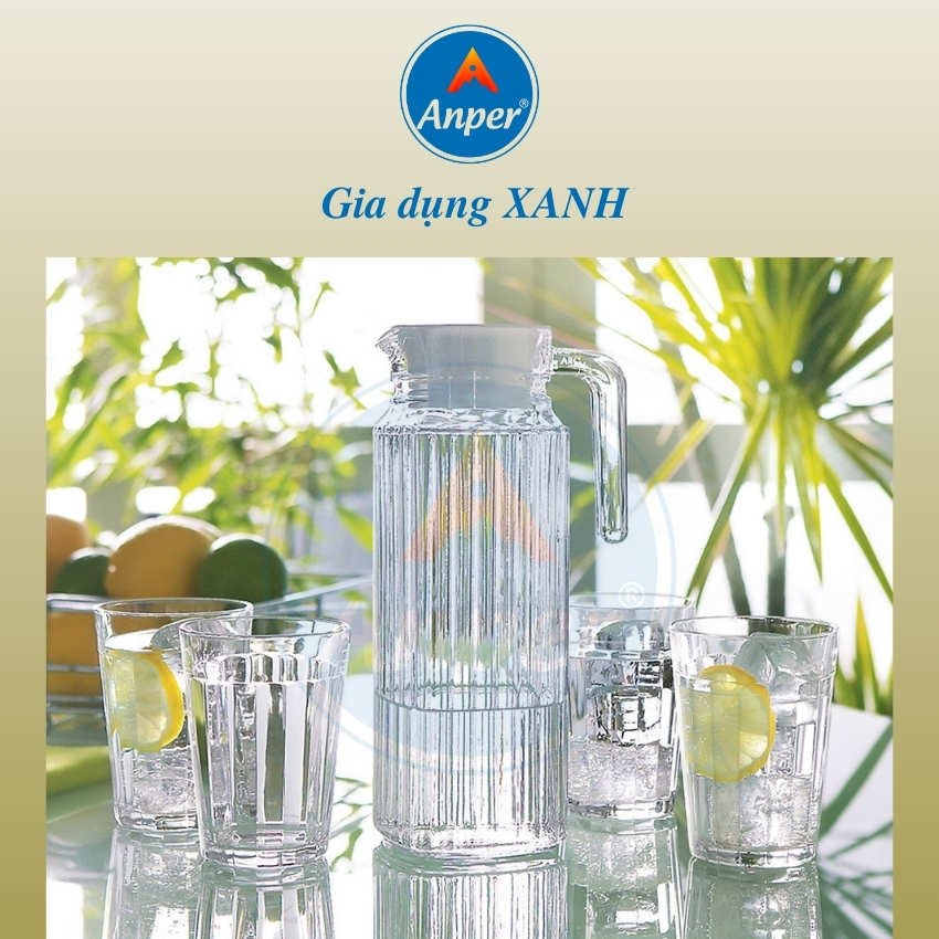 Bình Nước Thủy Tinh Anper Lục Lăng 1.2L Cao Cấp Sang Trong Có Mỏ Rót Và Nắp Nhựa  An Toàn