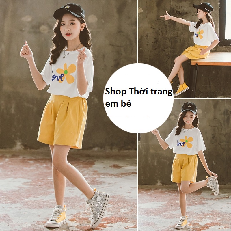 Set bộ quần áo trẻ em mùa hè cho bé gái 18-45kg mẫu &quot;LOVE HOA Vàng&quot;.Thiết kế đẹp, đường may kỹ. MA29.