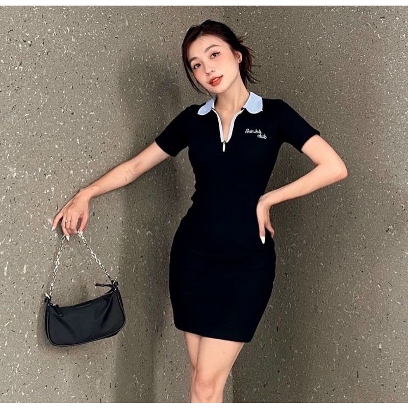 Đầm polo dây kéo cổ trụ phối màu ngắn tay dáng ôm body chữ thêu phong cách dễ thương chuẩn dáng - Mã: 607 TV-FASHION