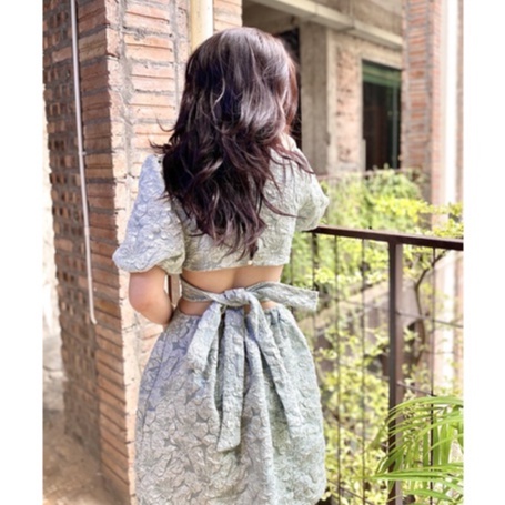 Đầm đi tiệc đầm gấm xốp tay phồng, Váy đi tiệc thắt nơ hở lưng tay bồng phong cách công chúa tiểu thư size S M L