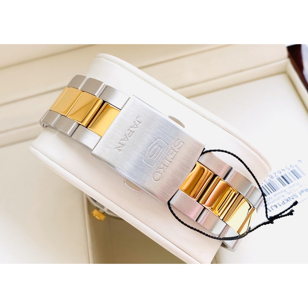 Đồng hồ Nam chính hãng Seiko 5 Automatic SNKP14J1 Size 42,Demi vàng,Mặt trắng,Lịch-Máy cơ tự động-Dây kim loại cao cấp