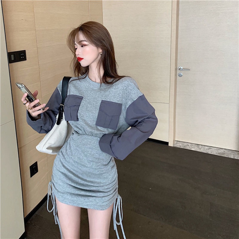 Đầm chiết eo tay dài tôn dáng phối màu thời trang mùa thu đông cho nữ size lớn M-4XL