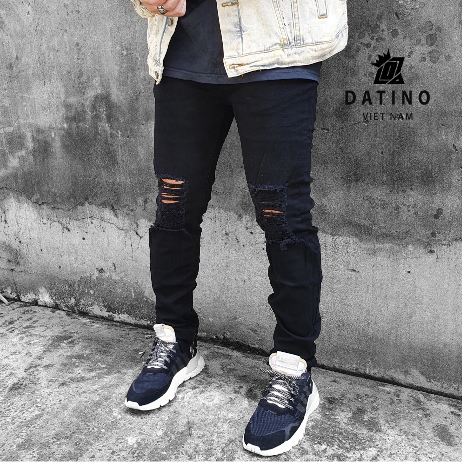 Quần Jean nam đen Streetwear Datino rách gối Skinny Zipper chất Denim co giãn không phai màu