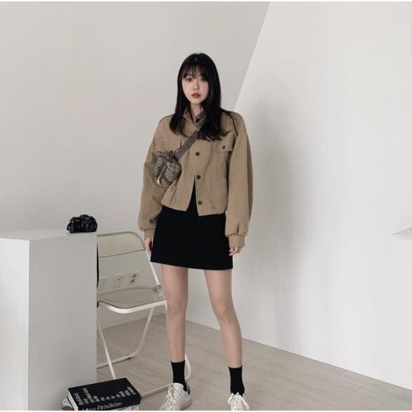 Áo khoác cổ đứng màu trơn thiết kế có túi trẻ trung 37715