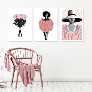 Bộ 3 tranh treo tường cô gái và hoa hồng, KT: 40x60cm.