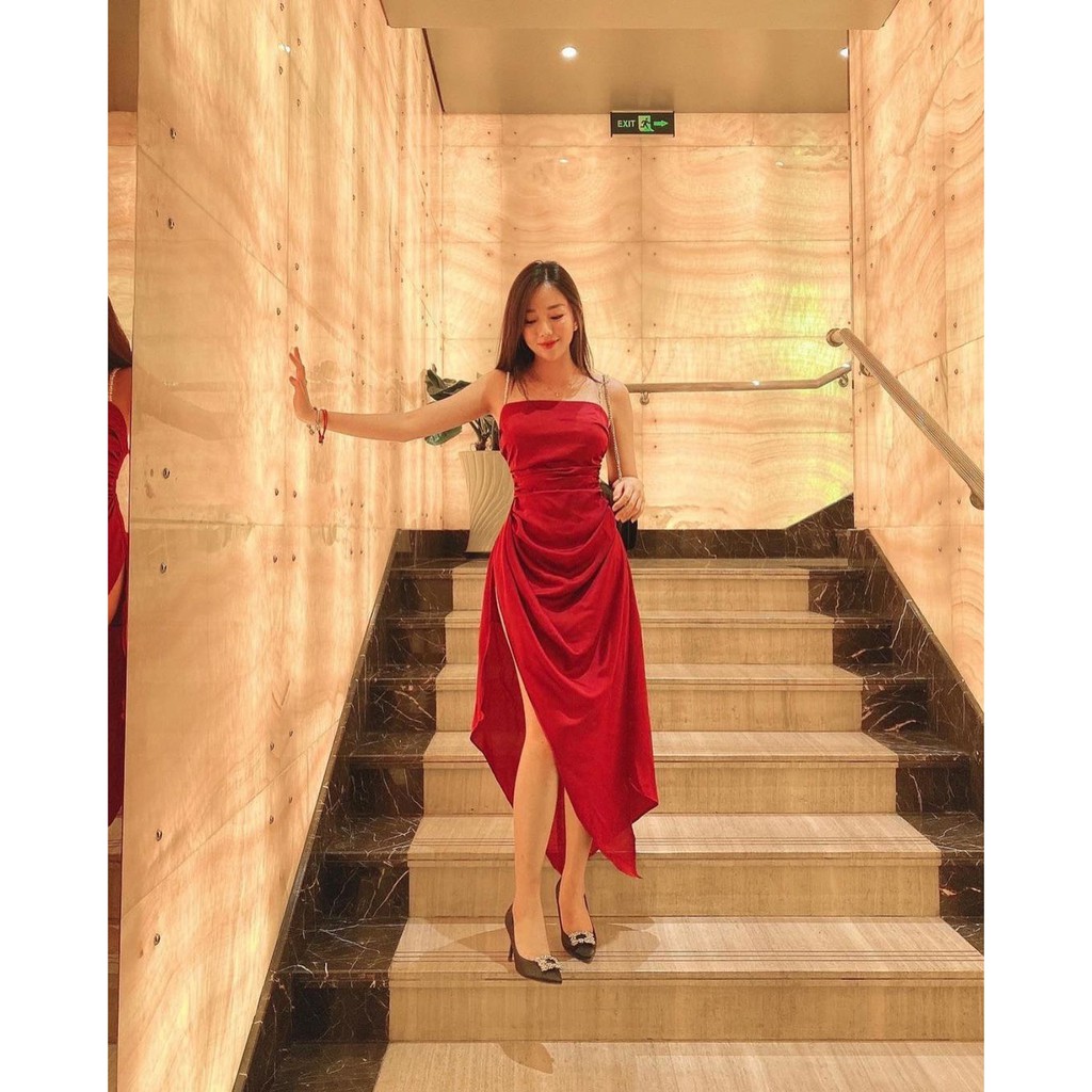 Đầm dự tiệc 2 dây nhún bèo hông 2 màu chất phi sang chảnh - pansy dress