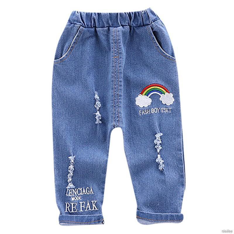 ruiaike  Boy Girl Kids Long Pants Letters Rainbow Print Denim Pants Straight Loose Jeans Trousers