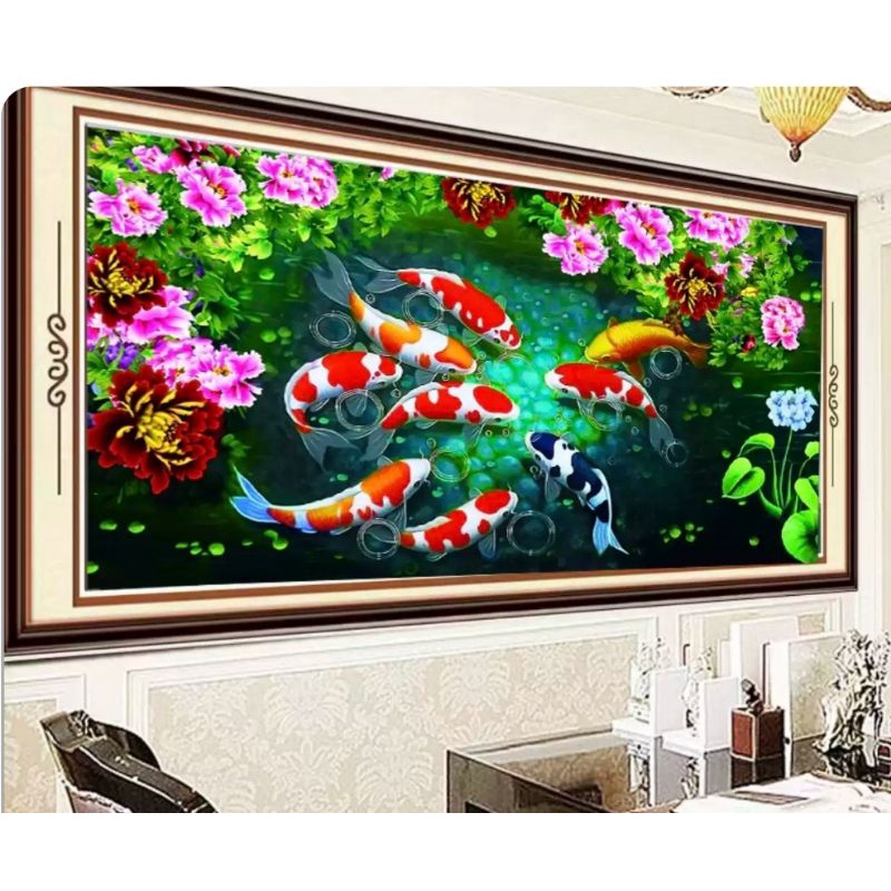 Tranh thêu Cá chép và hoa mẫu đơn