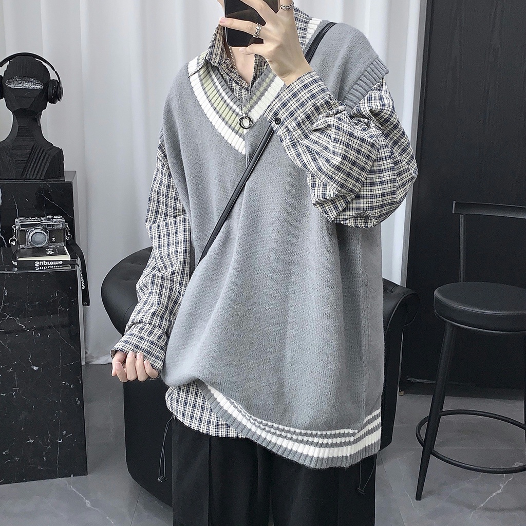 Áo sweater dệt kim cổ V không tay thời trang Hàn Quốc nam tính