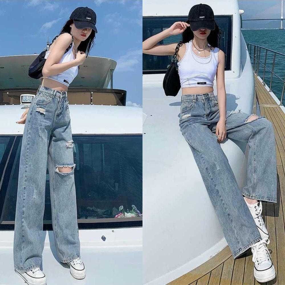 Quần Jean Nữ Ống Rộng Rách Gối  Dáng Xuông Vải Bò Basic Cực Hách Dáng Phong Cách Ulzzang đủ size S M L QX3