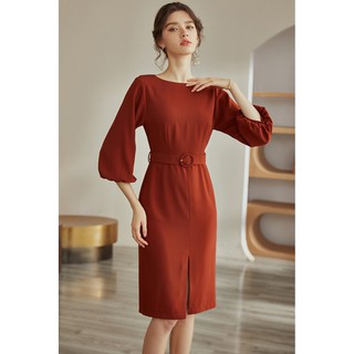 Đầm cổ sát tay lửng phồng dáng váy chữ A xẻ tà trước đai eo
