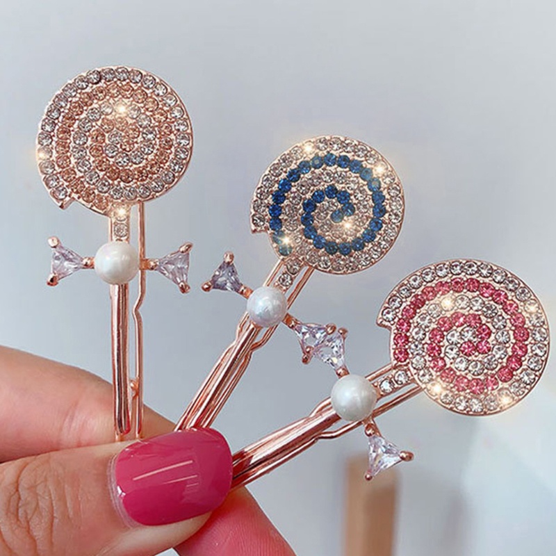 Kẹp Tóc Kẹo Mút Đính Đá &amp; Ngọc Trai Giả Bằng Kim Loại Kiểu Hàn Quốc Dễ Thương Cho Nữ