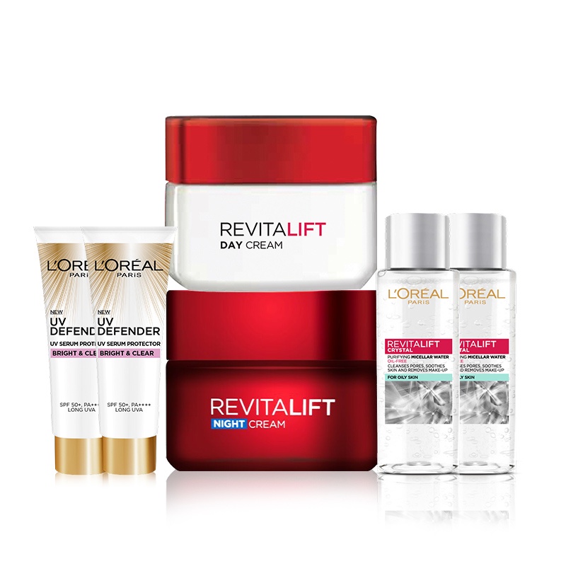 Bộ kem ngày đêm chống lão hóa Pro-Retinol Revitalift 50ml x2 &amp; 2 kem chống nắng bảo vệ UV Defender 15ml &amp; 2 Tẩy trang ki