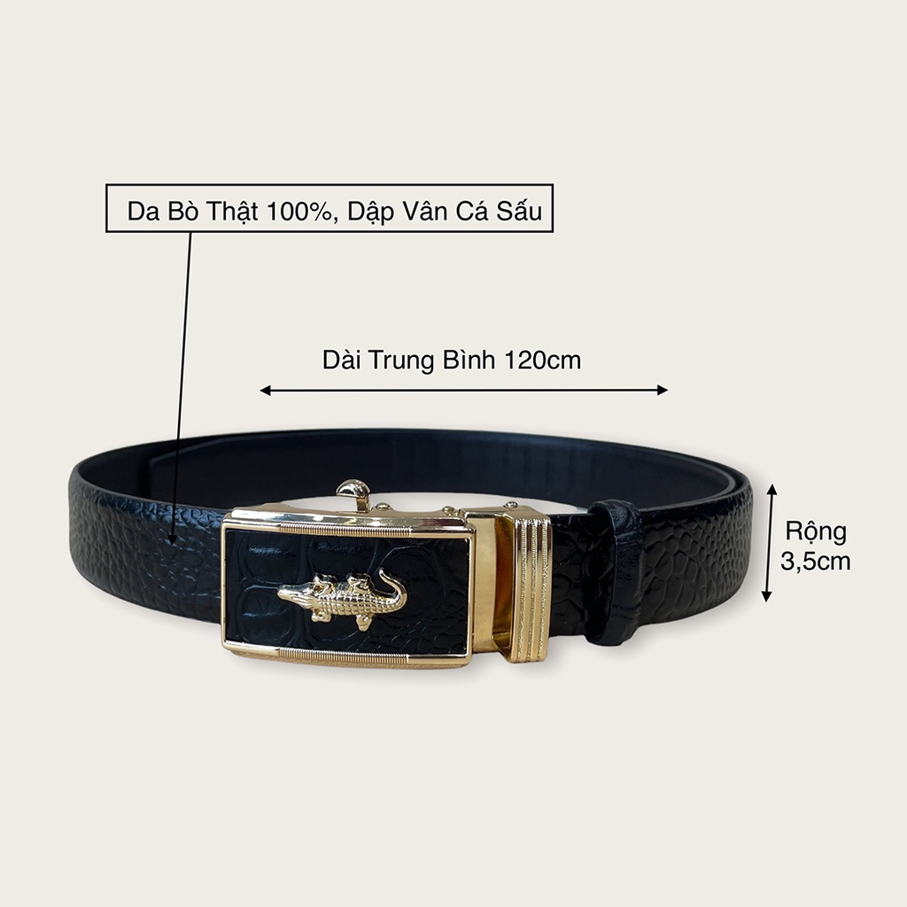 Thắt Lưng Nam Da Bò Dập Vân Cá Sấu TM824 Khóa Tự Động Bản Rộng 3.5cm Màu Đen Full Hộp