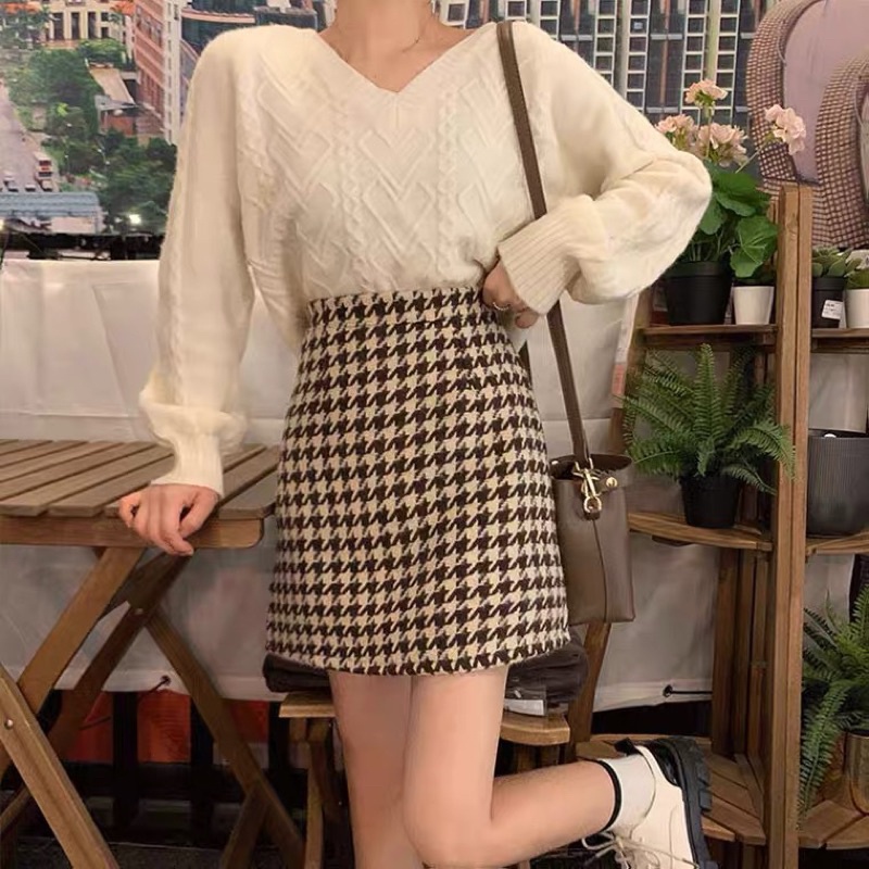 (ORDER) Chân váy len dạ dáng chữ A hoạ tiết houndstooth có lớp lót màu nâu có size phong cách Hàn Quốc | BigBuy360 - bigbuy360.vn