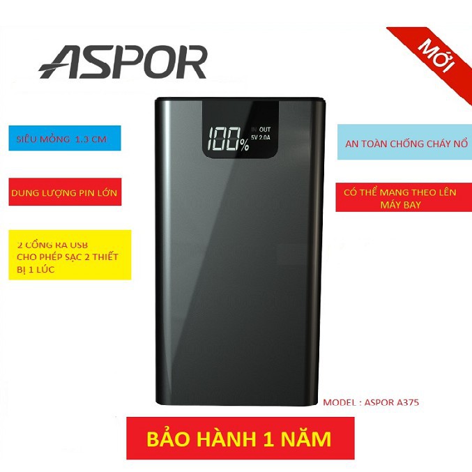 Sạc dự phòng, chính hãng ASPOR dung lượng 10000mAh- Pin sạc dự phòng chuẩn aspor hơn nhiều xiaomi