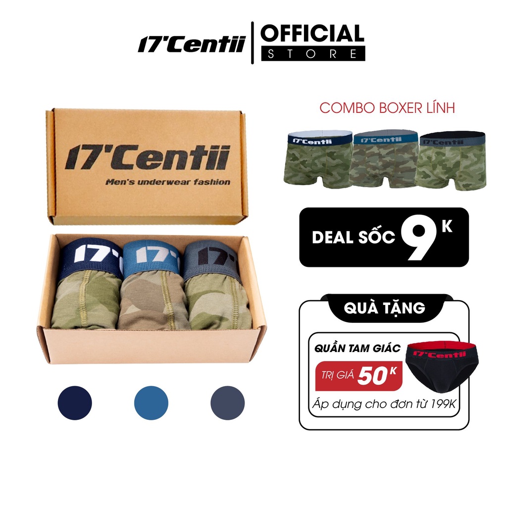Quần Lót Boxer Sịp Đùi Nam Họa Tiết Lính 17Centii Chất Cotton Co Giãn Kháng Khuẩn