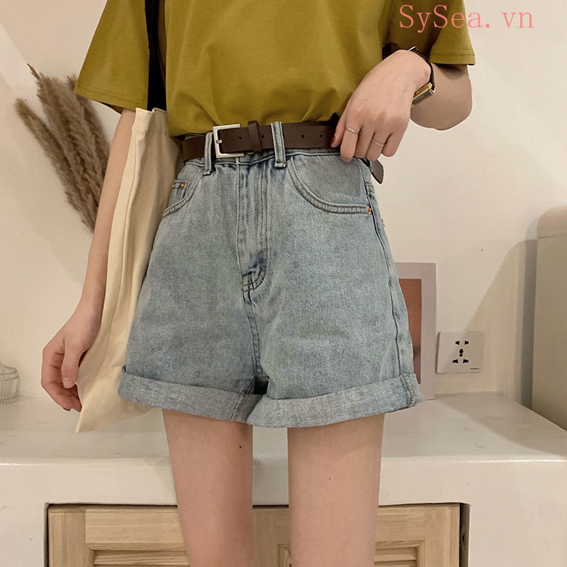 Quần Ngắn Denim Ống Rộng Cạp Cao Phong Cách Hàn Quốc Cho Nữ